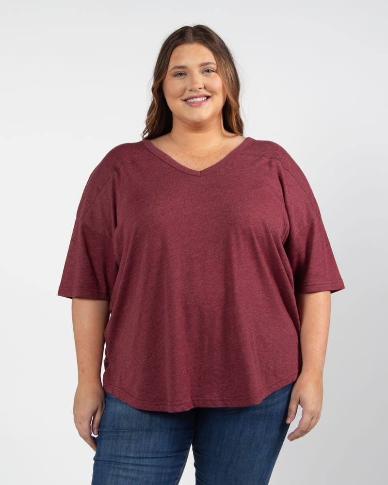 Front of a model wearing a size 3X V-Happy Jersey in Garnet by chicka-d. | dia_product_style_image_id:289409
